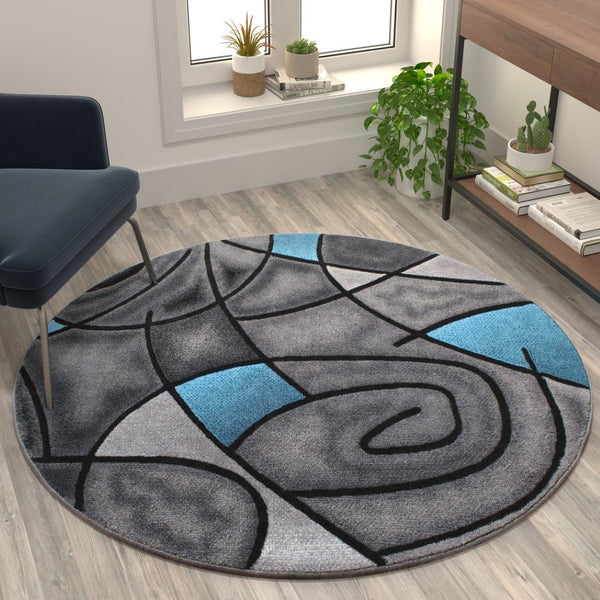 English Elm Jubilee Collection Abstract Pattern Area Rug - Stylish, Durable Olefin for Hallways & Bedrooms Blue 5' Round ACD-RGTRZ860-55-BL-GG