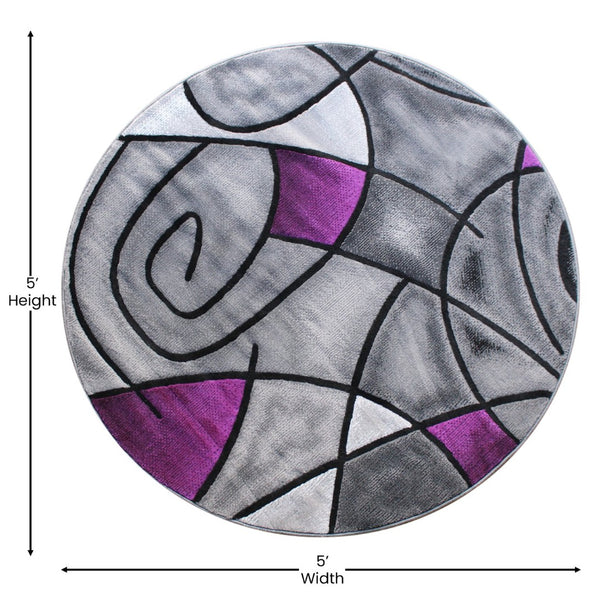 English Elm Jubilee Collection Abstract Pattern Area Rug - Stylish, Durable Olefin for Hallways & Bedrooms Purple 5' Round ACD-RGTRZ860-55-PU-GG