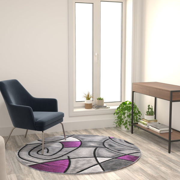 English Elm Jubilee Collection Abstract Pattern Area Rug - Stylish, Durable Olefin for Hallways & Bedrooms Purple 5' Round ACD-RGTRZ860-55-PU-GG
