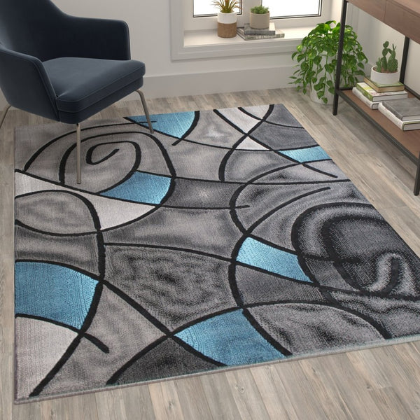 English Elm Jubilee Collection Abstract Pattern Area Rug - Stylish, Durable Olefin for Hallways & Bedrooms Blue 5' x 7' ACD-RGTRZ860-57-BL-GG