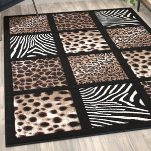 English Elm Menagerie Collection 5' x 7' Safari-Inspired Area Rug with Cheetah, Leopard & Zebra Patterns, Plush Feel ACD-RGYHPU-57-BK-GG