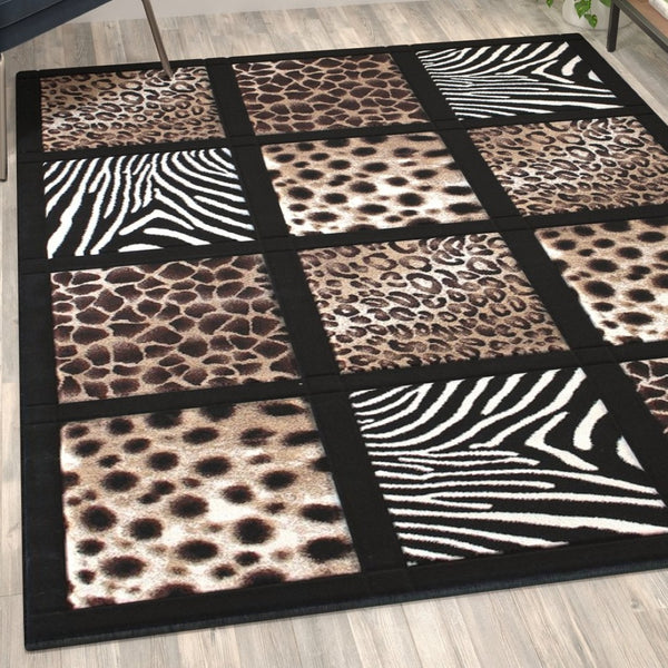 English Elm Menagerie Collection 5' x 7' Safari-Inspired Area Rug with Cheetah, Leopard & Zebra Patterns, Plush Feel ACD-RGYHPU-57-BK-GG