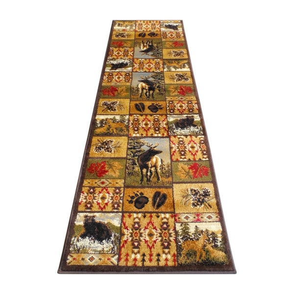 English Elm Gaylord Beige 2' x 7' Rustic Wilderness Bear and Moose Area Rug with Jute Backing for Indoor Charm ACD-RGZ876038-27-BN-GG