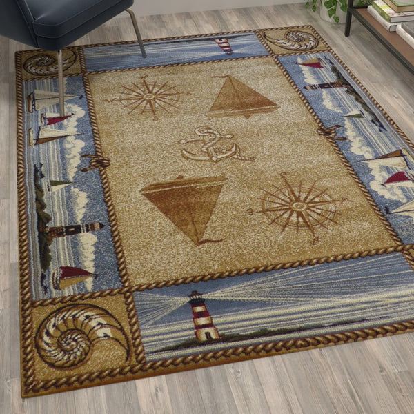English Elm Sovalye Beige Nautical Area Rug 5' x 7' - Soft, Durable, Eco-Friendly Design for Living Spaces ACD-RGZ876345-57-BG-GG