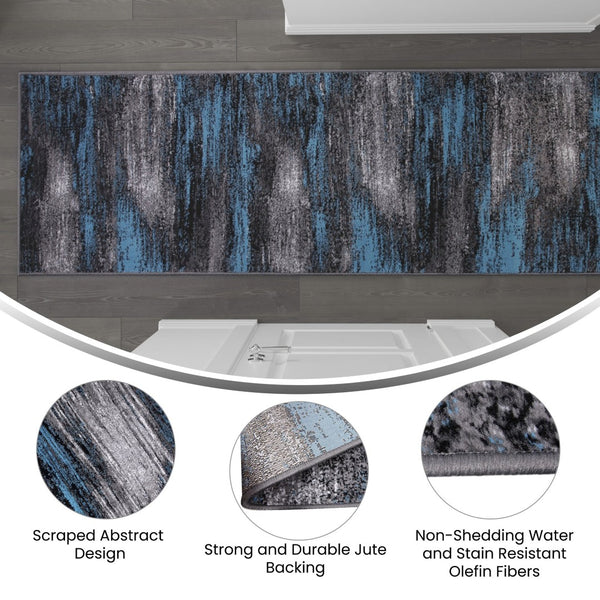 English Elm Rylan Collection 2' x 10' Blue Abstract Runner Rug - Soft Olefin, Jute Backing for Modern Spaces ACD-TZ-863-311-BL-GG