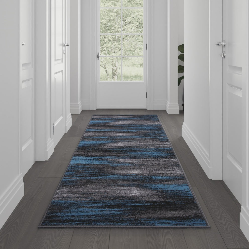 English Elm Rylan Collection 2' x 10' Blue Abstract Runner Rug - Soft Olefin, Jute Backing for Modern Spaces ACD-TZ-863-311-BL-GG
