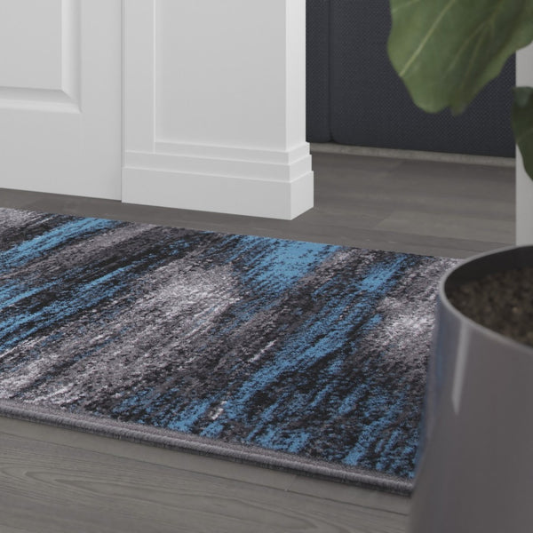 English Elm Rylan Collection 2' x 10' Blue Abstract Runner Rug - Soft Olefin, Jute Backing for Modern Spaces ACD-TZ-863-311-BL-GG