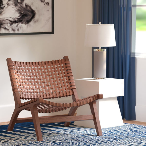 Safavieh Luna Woven Accent Chair - Modern Artistry With Sculptural Wood Frame For Stylish Interiors And Comfort Cognac Leather/Brown ACH1002B
