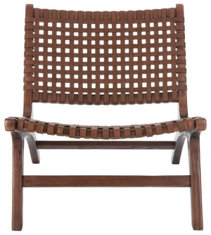 Safavieh Luna Woven Accent Chair - Modern Artistry With Sculptural Wood Frame For Stylish Interiors And Comfort Cognac Leather/Brown ACH1002B