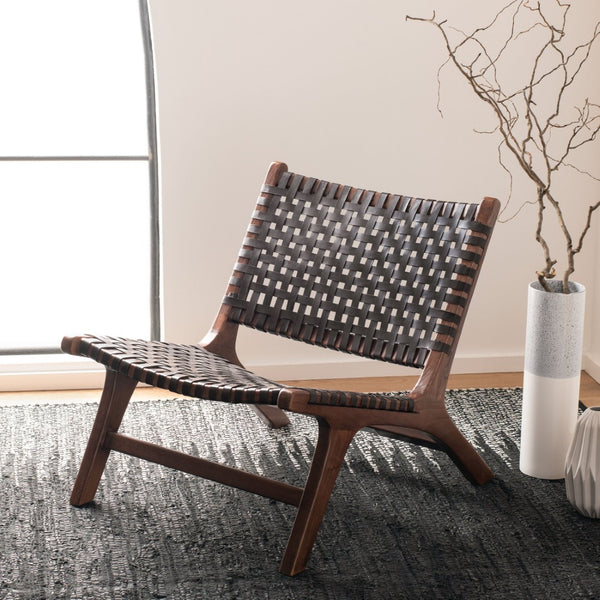Safavieh Luna Woven Accent Chair - Modern Artistry With Sculptural Wood Frame For Stylish Interiors And Comfort Brown Leather/Brown ACH1002C