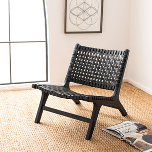 Safavieh Luna Woven Accent Chair - Modern Artistry With Sculptural Wood Frame For Stylish Interiors And Comfort Black Leather/Black ACH1002D