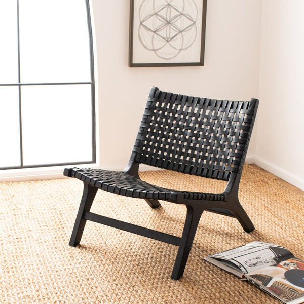 Safavieh Luna Woven Accent Chair - Modern Artistry With Sculptural Wood Frame For Stylish Interiors And Comfort Black Leather/Black ACH1002D