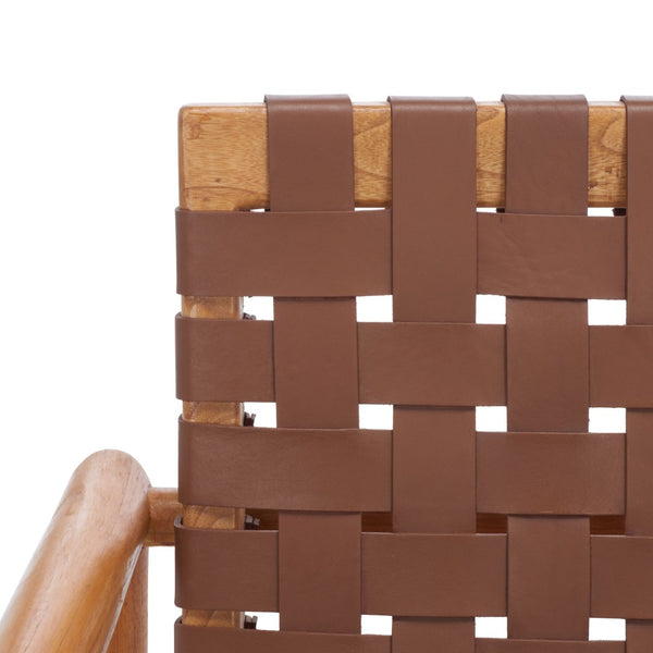 Safavieh Bellona Accent Chair - Retro Scandinavian Design With Hand-Woven Leather And Mindi Wood Frame Cognac Leather / Natural Mindi ACH1004A