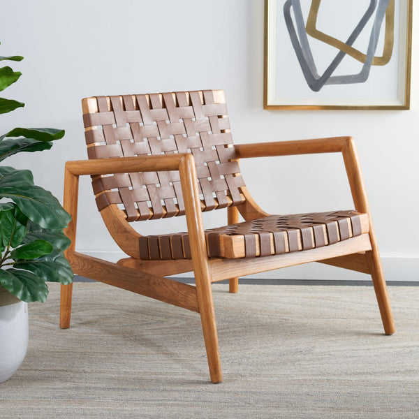Safavieh Bellona Accent Chair - Retro Scandinavian Design With Hand-Woven Leather And Mindi Wood Frame Cognac Leather / Natural Mindi ACH1004A