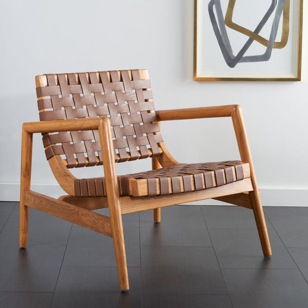 Safavieh Bellona Accent Chair - Retro Scandinavian Design With Hand-Woven Leather And Mindi Wood Frame Cognac Leather / Natural Mindi ACH1004A
