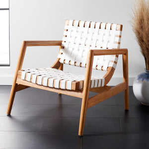 Safavieh Bellona Accent Chair - Retro Scandinavian Design With Hand-Woven Leather And Mindi Wood Frame White Leather / Natural Mindi ACH1004B