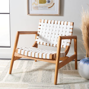 Safavieh Bellona Accent Chair - Retro Scandinavian Design With Hand-Woven Leather And Mindi Wood Frame White Leather / Natural Mindi ACH1004B