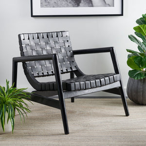 Safavieh Bellona Accent Chair - Retro Scandinavian Design With Hand-Woven Leather And Mindi Wood Frame Black ACH1004C