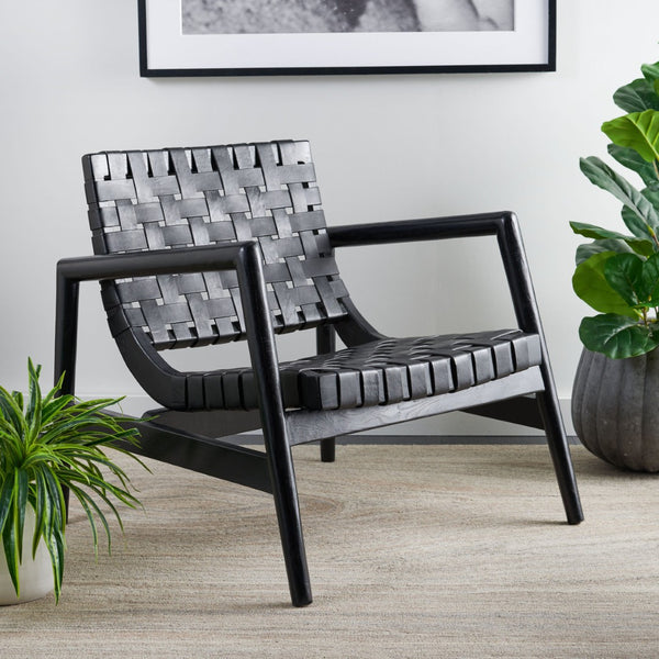 Safavieh Bellona Accent Chair - Retro Scandinavian Design With Hand-Woven Leather And Mindi Wood Frame Black ACH1004C