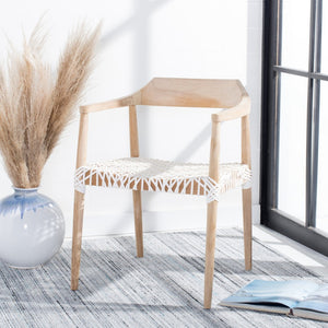 Safavieh Munro Leather Woven Accent Chair: Mid-Century Inspired Design With Teak Frame For Modern Living Spaces Unfinished Natural (Teak Wood Frame) / White (Leather Seat) ACH1005A
