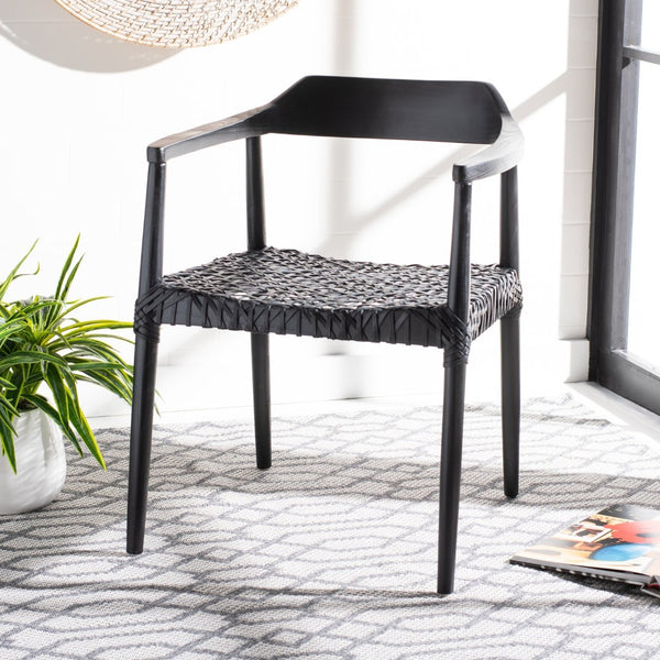 Safavieh Munro Leather Woven Accent Chair: Mid-Century Inspired Design With Teak Frame For Modern Living Spaces Black (Sungkai Wood Frame) / Black (Leather Seat) ACH1005B