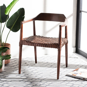 Safavieh Munro Leather Woven Accent Chair: Mid-Century Inspired Design With Teak Frame For Modern Living Spaces Walnut (Sungkai Wood Frame) / Cognac (Leather Seat) ACH1005C
