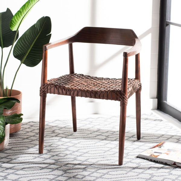 Safavieh Munro Leather Woven Accent Chair: Mid-Century Inspired Design With Teak Frame For Modern Living Spaces Walnut (Sungkai Wood Frame) / Cognac (Leather Seat) ACH1005C
