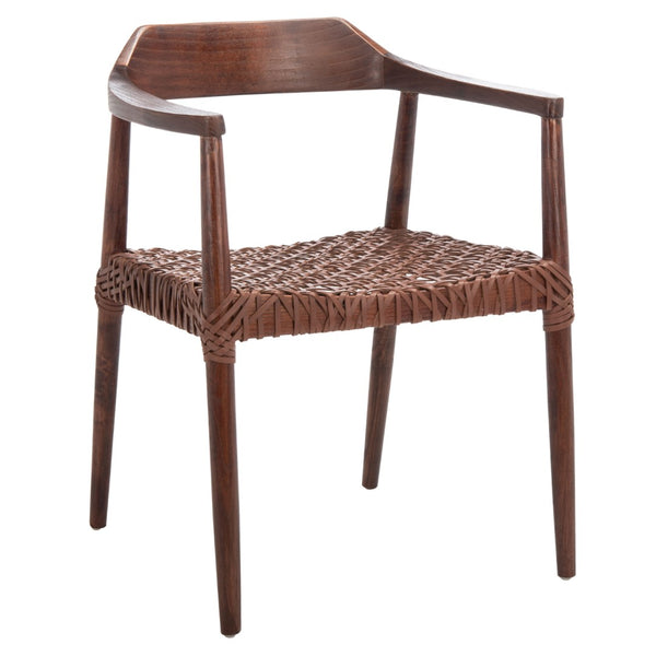 Safavieh Munro Leather Woven Accent Chair: Mid-Century Inspired Design With Teak Frame For Modern Living Spaces Walnut (Sungkai Wood Frame) / Cognac (Leather Seat) ACH1005C