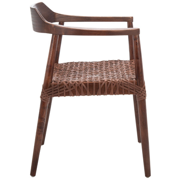 Safavieh Munro Leather Woven Accent Chair: Mid-Century Inspired Design With Teak Frame For Modern Living Spaces Walnut (Sungkai Wood Frame) / Cognac (Leather Seat) ACH1005C
