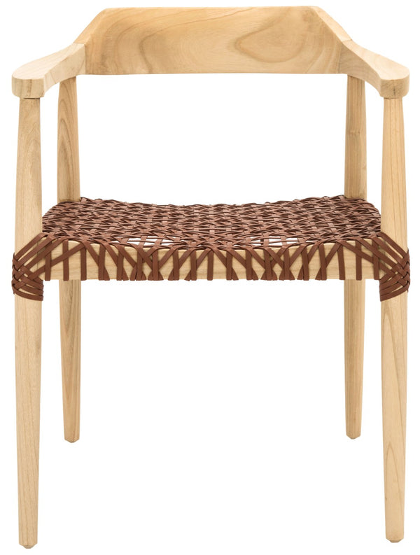 Safavieh Munro Leather Woven Accent Chair: Mid-Century Inspired Design With Teak Frame For Modern Living Spaces Unfinished Natural Sungkai Wood Frame / Light Honey 7Mm Leather ACH1005E