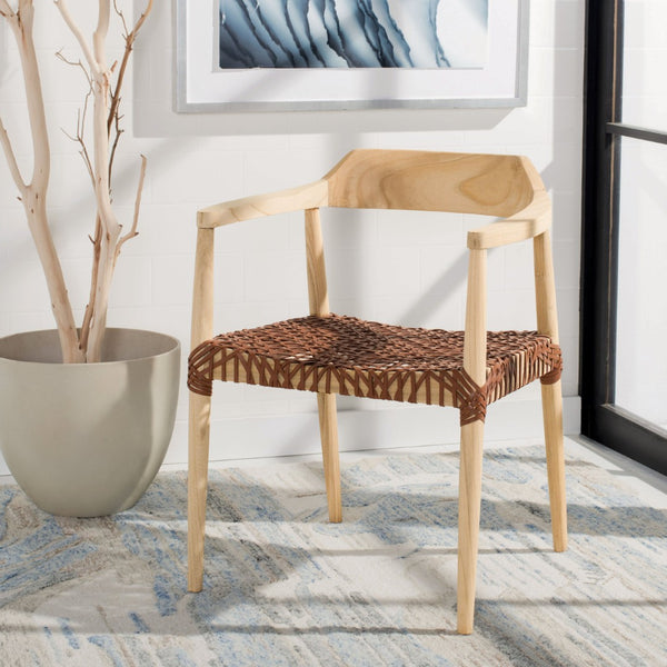 Safavieh Munro Leather Woven Accent Chair: Mid-Century Inspired Design With Teak Frame For Modern Living Spaces Unfinished Natural Sungkai Wood Frame / Light Honey 7Mm Leather ACH1005E