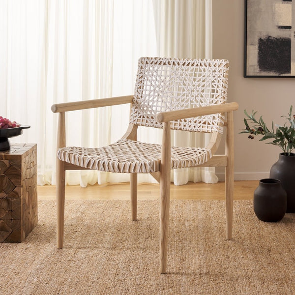 Safavieh Sianna Accent Chair - Handwoven Leather-Style Seat, Curved Design, Natural Wood Elegance For Any Space ACH1200B