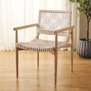 Safavieh Sianna Accent Chair - Handwoven Leather-Style Seat, Curved Design, Natural Wood Elegance For Any Space ACH1200B