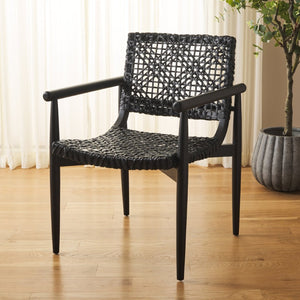 Safavieh Sianna Accent Chair - Artisanal Elegance With Curved Leather Seat And Sungkai Wood Legs For Comfort Black ACH1200D