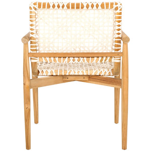 Safavieh Sianna Accent Chair – Sculptural Design With Curved Back, Woven Leather Seat, Teak Legs & Versatile Style ACH1200E