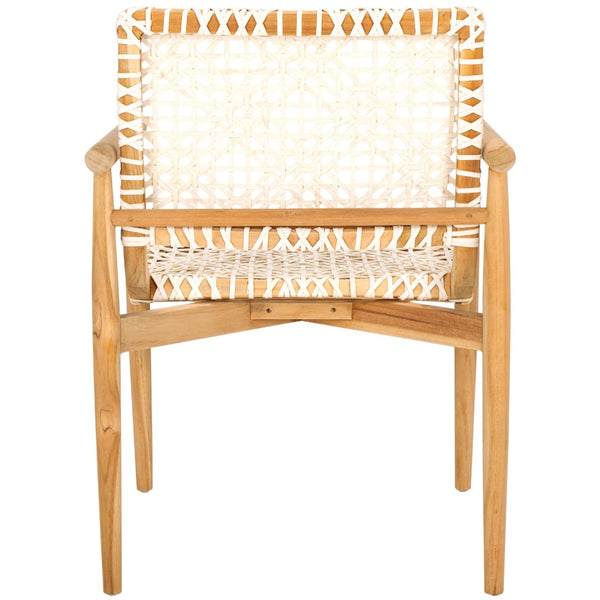 Safavieh Sianna Accent Chair – Sculptural Design With Curved Back, Woven Leather Seat, Teak Legs & Versatile Style ACH1200E