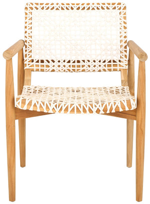 Safavieh Sianna Accent Chair – Sculptural Design With Curved Back, Woven Leather Seat, Teak Legs & Versatile Style ACH1200E