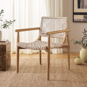 Safavieh Sianna Accent Chair – Sculptural Design With Curved Back, Woven Leather Seat, Teak Legs & Versatile Style ACH1200E