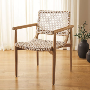 Safavieh Sianna Accent Chair – Sculptural Design With Curved Back, Woven Leather Seat, Teak Legs & Versatile Style ACH1200E