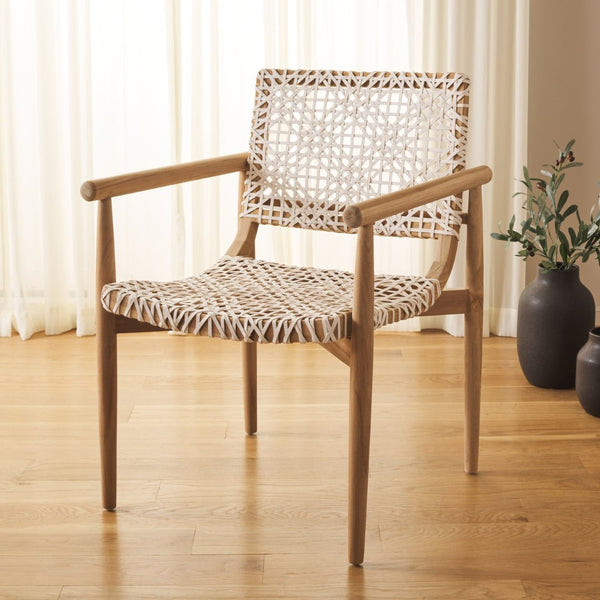 Safavieh Sianna Accent Chair – Sculptural Design With Curved Back, Woven Leather Seat, Teak Legs & Versatile Style ACH1200E