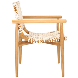 Safavieh Sianna Accent Chair – Sculptural Design With Curved Back, Woven Leather Seat, Teak Legs & Versatile Style ACH1200E