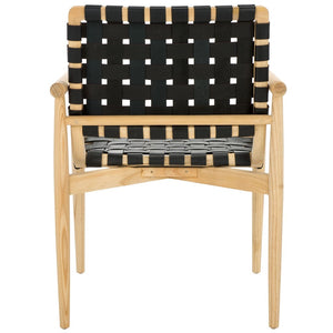 Dionne Accent Chair - Chic Curved Design with Comfortable Leather Strips and Sculpted Wooden Frame
