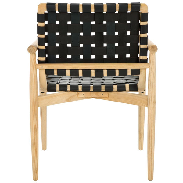 Dionne Accent Chair - Chic Curved Design with Comfortable Leather Strips and Sculpted Wooden Frame