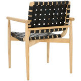 Dionne Accent Chair - Chic Curved Design with Comfortable Leather Strips and Sculpted Wooden Frame