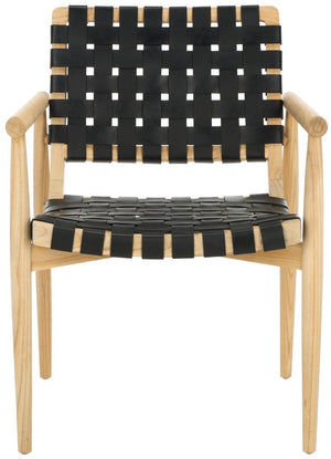 Dionne Accent Chair - Chic Curved Design with Comfortable Leather Strips and Sculpted Wooden Frame