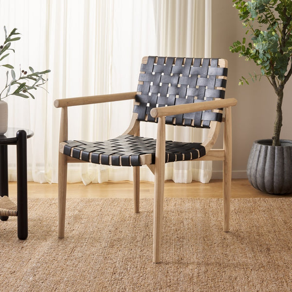 Dionne Accent Chair - Chic Curved Design with Comfortable Leather Strips and Sculpted Wooden Frame