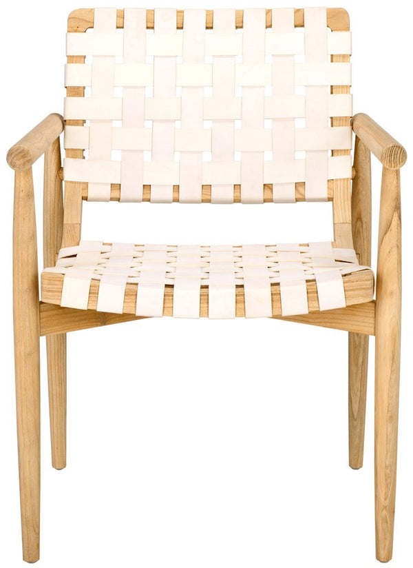 Dionne Accent Chair - Chic Curved Design with Comfortable Leather Strips and Sculpted Wooden Frame