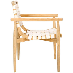 Dionne Accent Chair - Chic Curved Design with Comfortable Leather Strips and Sculpted Wooden Frame