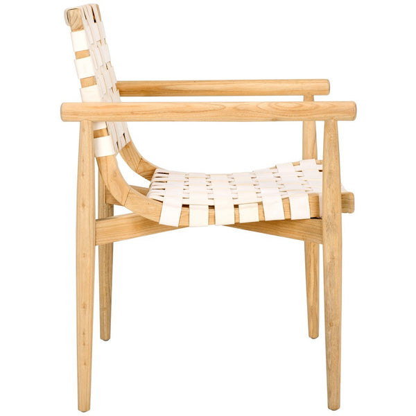 Dionne Accent Chair - Chic Curved Design with Comfortable Leather Strips and Sculpted Wooden Frame