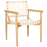 Dionne Accent Chair - Chic Curved Design with Comfortable Leather Strips and Sculpted Wooden Frame